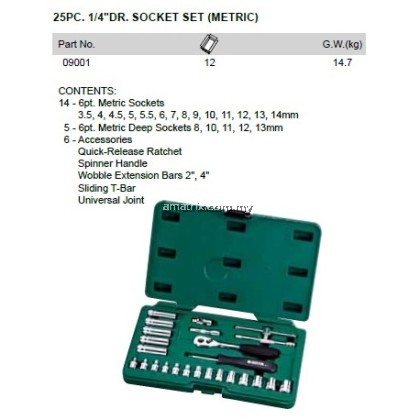 Sata 09001 25PC 1/4" DR. SOCKET SET (METRIC)14 - 6pt. Metric Sockets 3.5, 4, 4.5, 5, 5.5, 6, 7, 8, 9, 10, 11, 12, 13, 14 mm