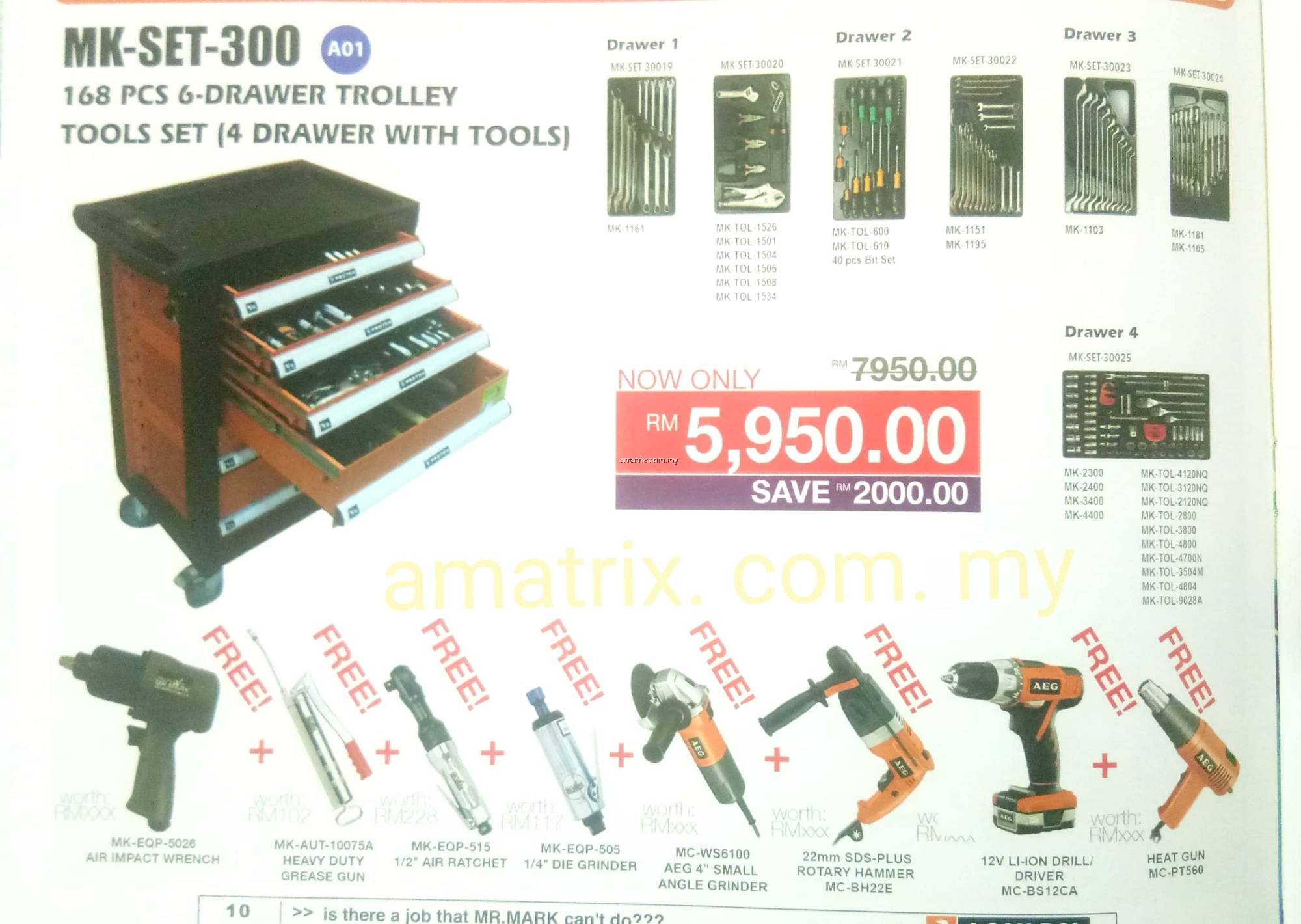 MR.MARK MK-SET-300 168 PCS 6-DRAWER TROLLEY TOOLS SET (4 DRAWER WITH TOOLS)