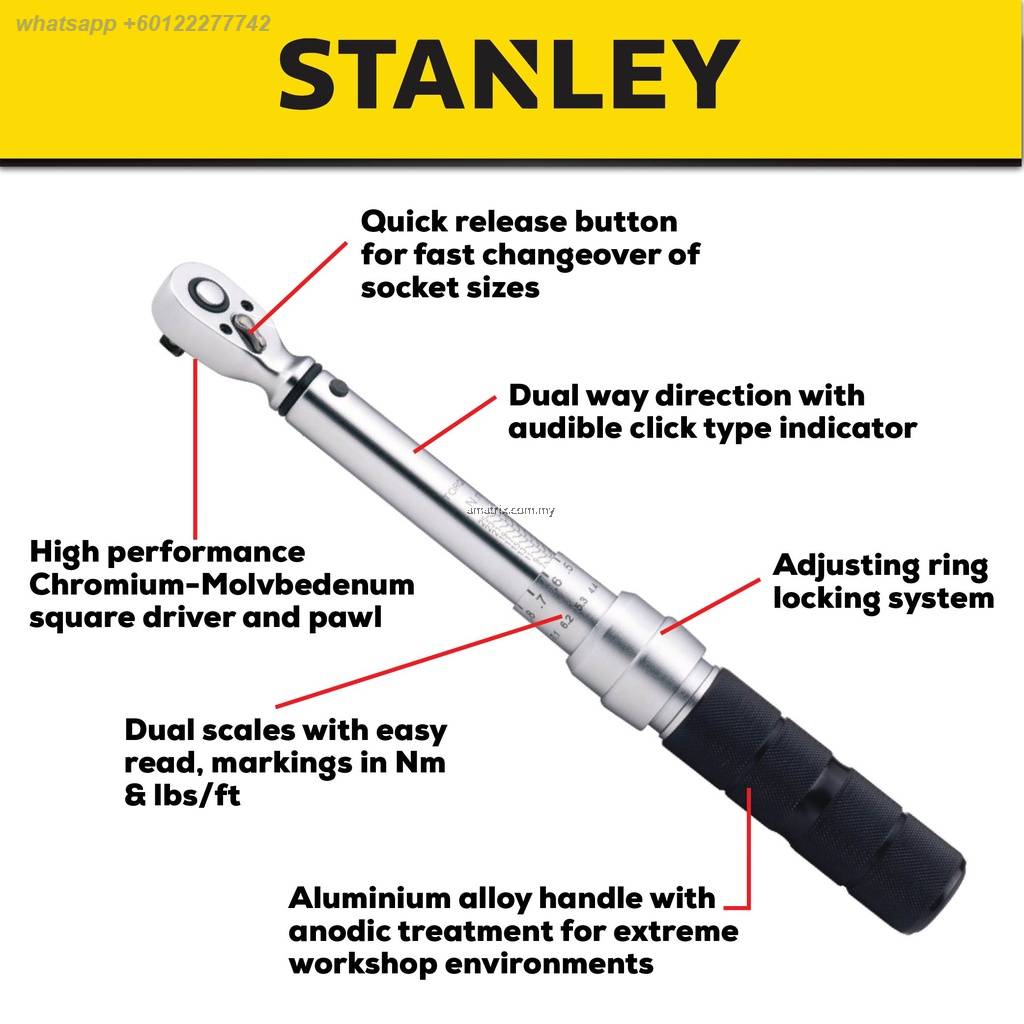 stanley STMT735878 1/4" Drive TORQUE WRENCH 525 NM / 48.7225.7 inlb Dual scales (N.m & IN.LB