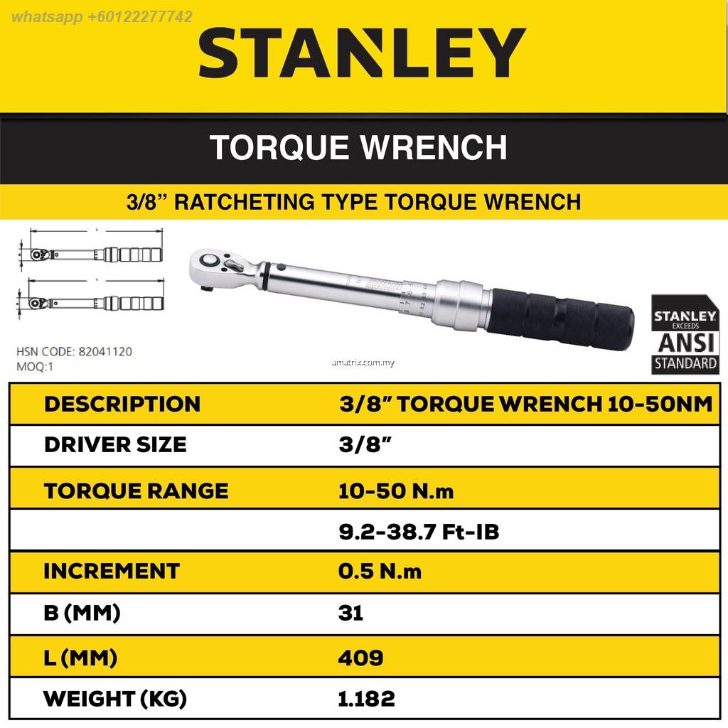 stanley STMT735878 1/4" Drive TORQUE WRENCH 525 NM / 48.7225.7 inlb Dual scales (N.m & IN.LB